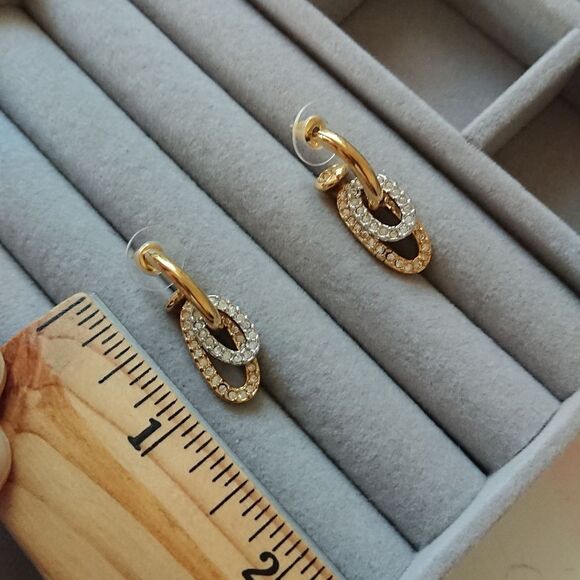 SWAROVSKI Gold Tone Crystals Double Oval Dangle pierced Earrings - Picture 3 of 8